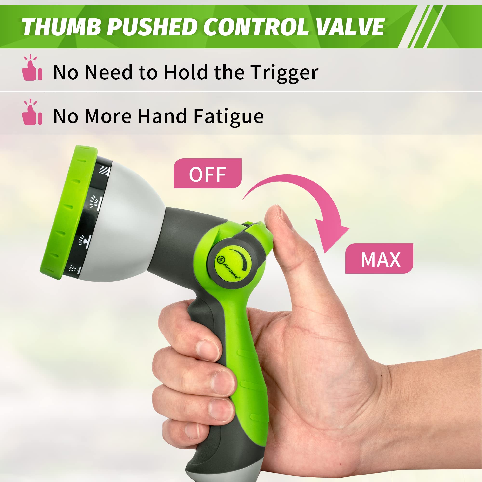 AUTOMAN garden hose nozzle with ergonomic slip-resistant handle