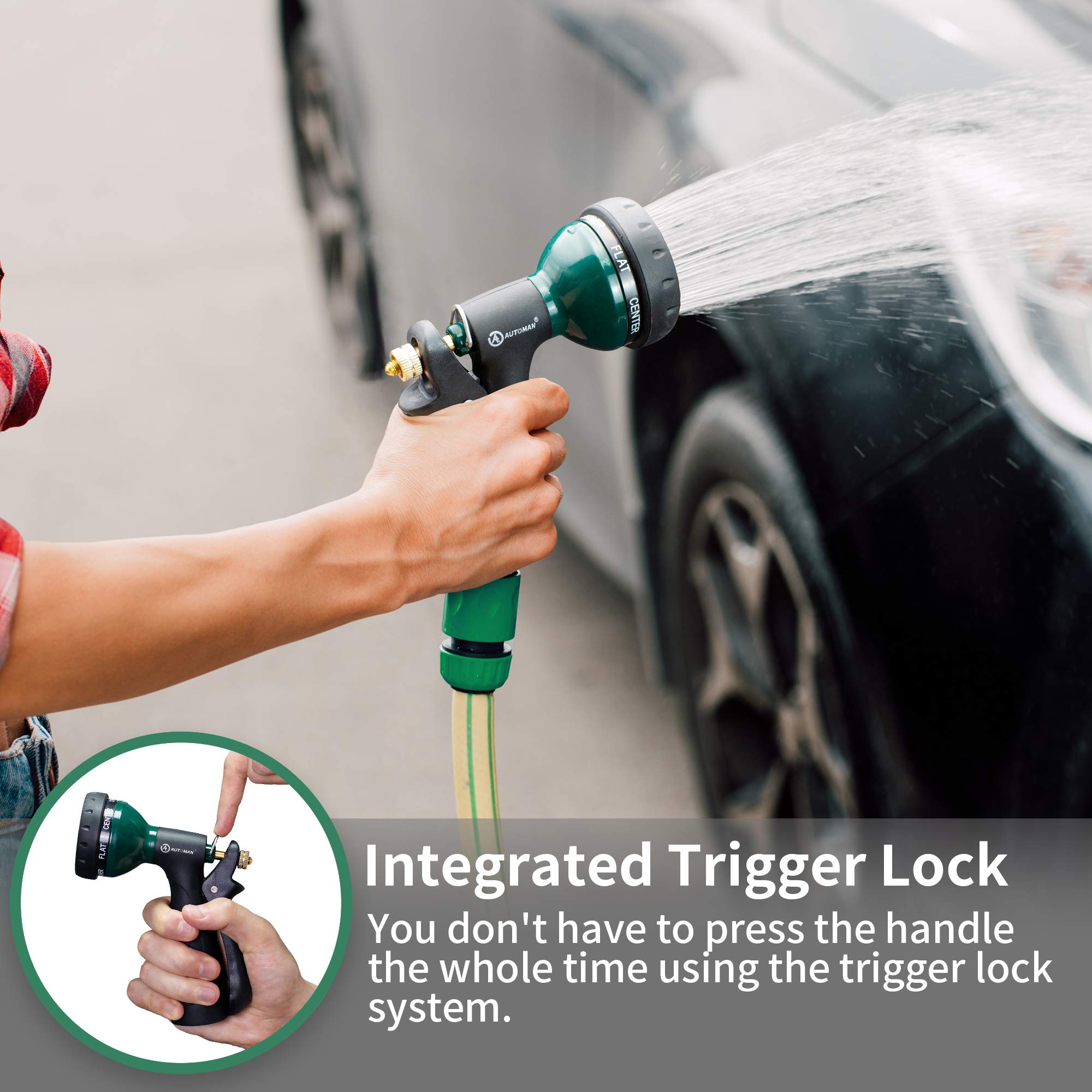 AUTOMAN Garden Hose Nozzle with lock bar feature highlighted