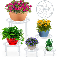 Autopromake 5 pack metal plant stands, white colour, arranged with various potted plants