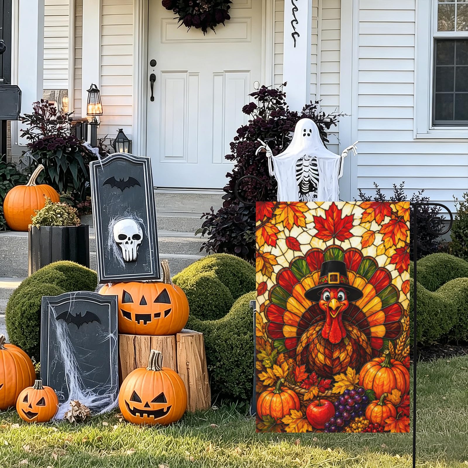 Autumn outdoor decor featuring the Thanksgiving Garden Flag