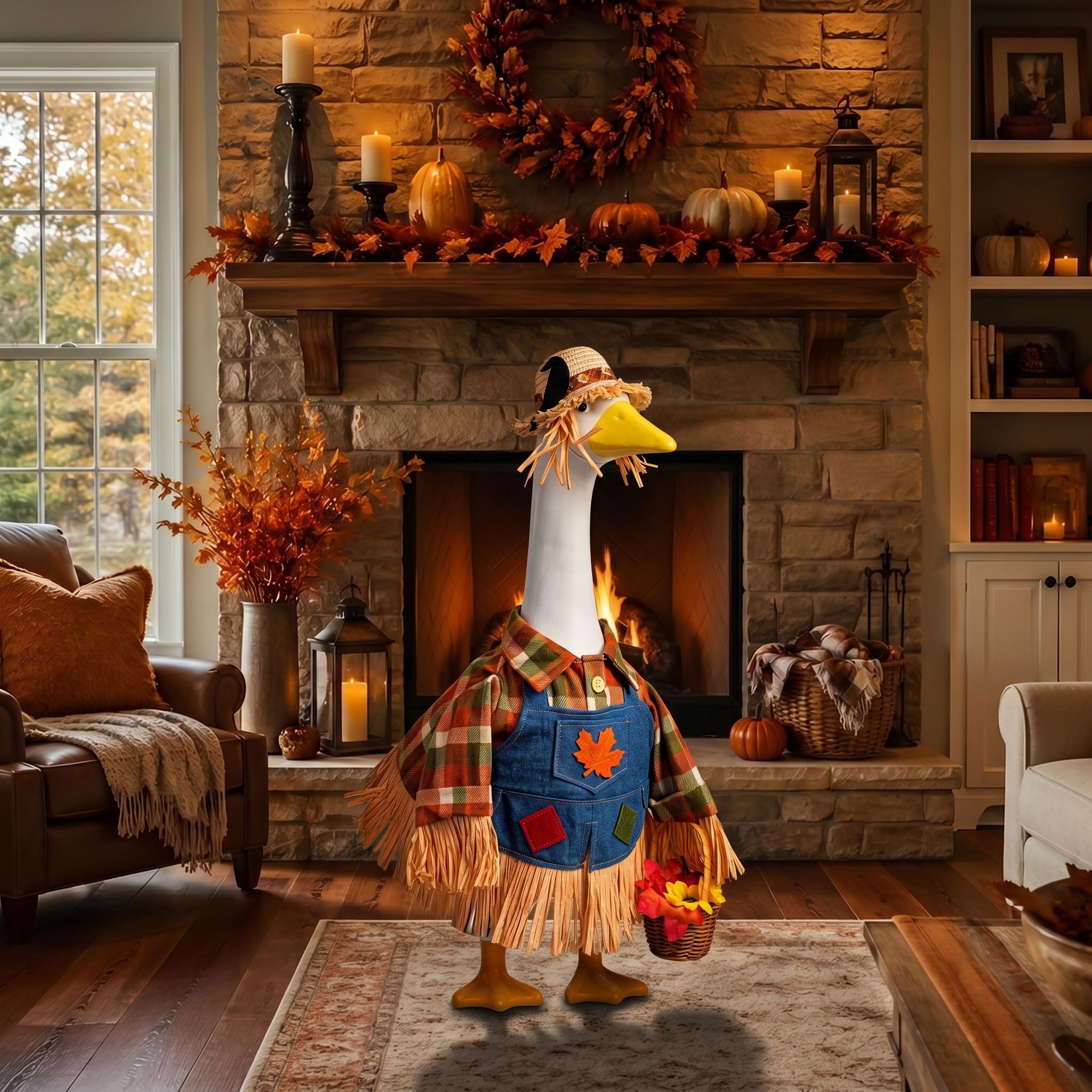 Autumn scene featuring scarecrow goose outfit in garden setting