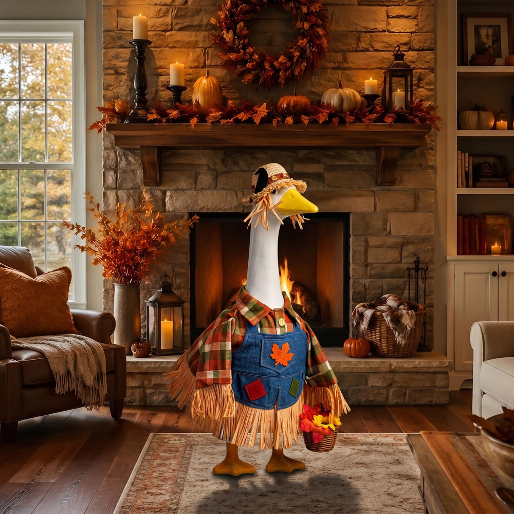 Autumn scene featuring scarecrow goose outfit in garden setting