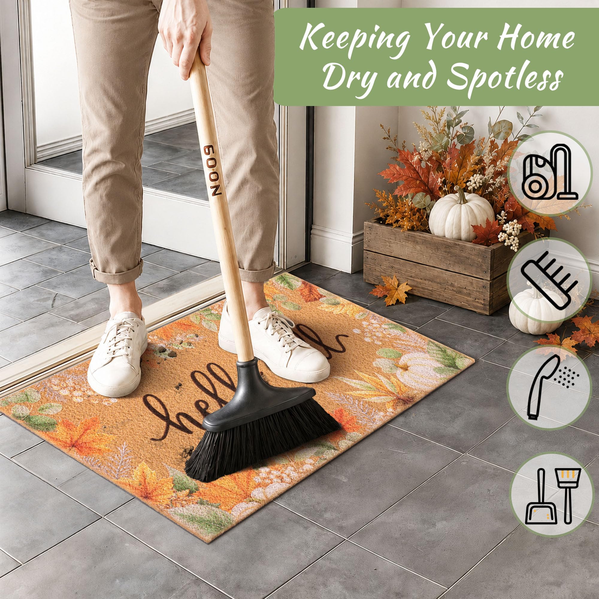 Autumn themed Fttoyoly doormat on a porch