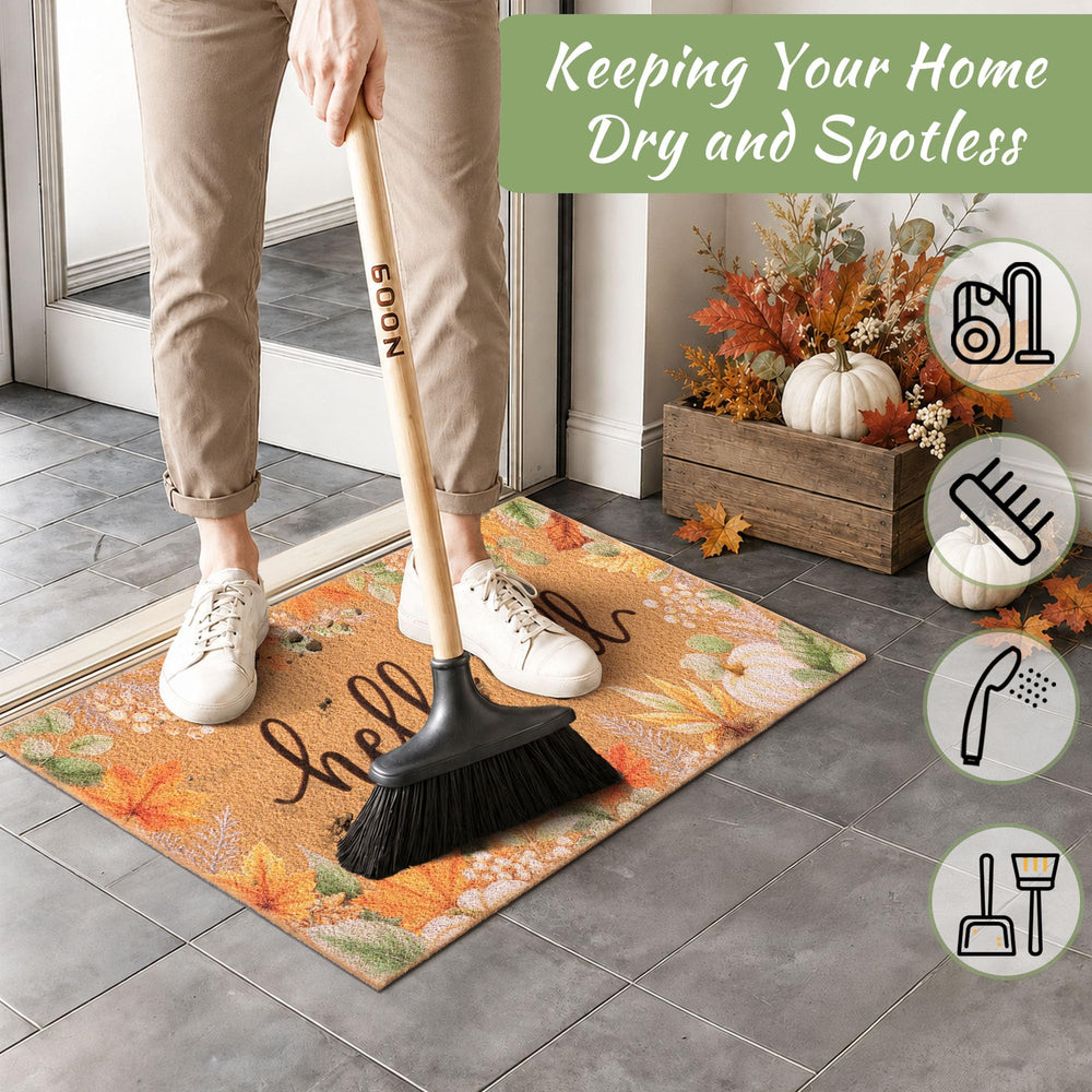 Autumn themed Fttoyoly doormat on a porch