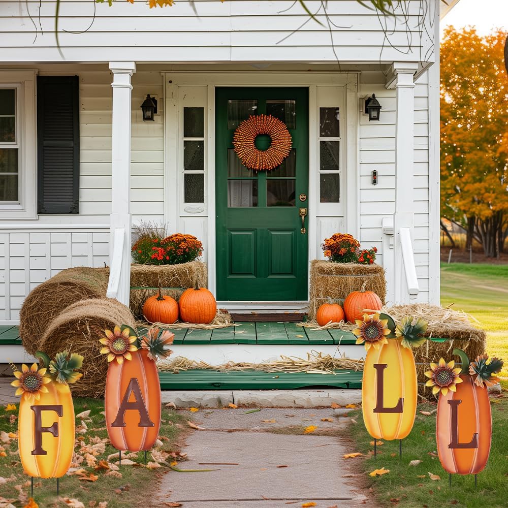 autumn-themed garden with pumpkin stakes