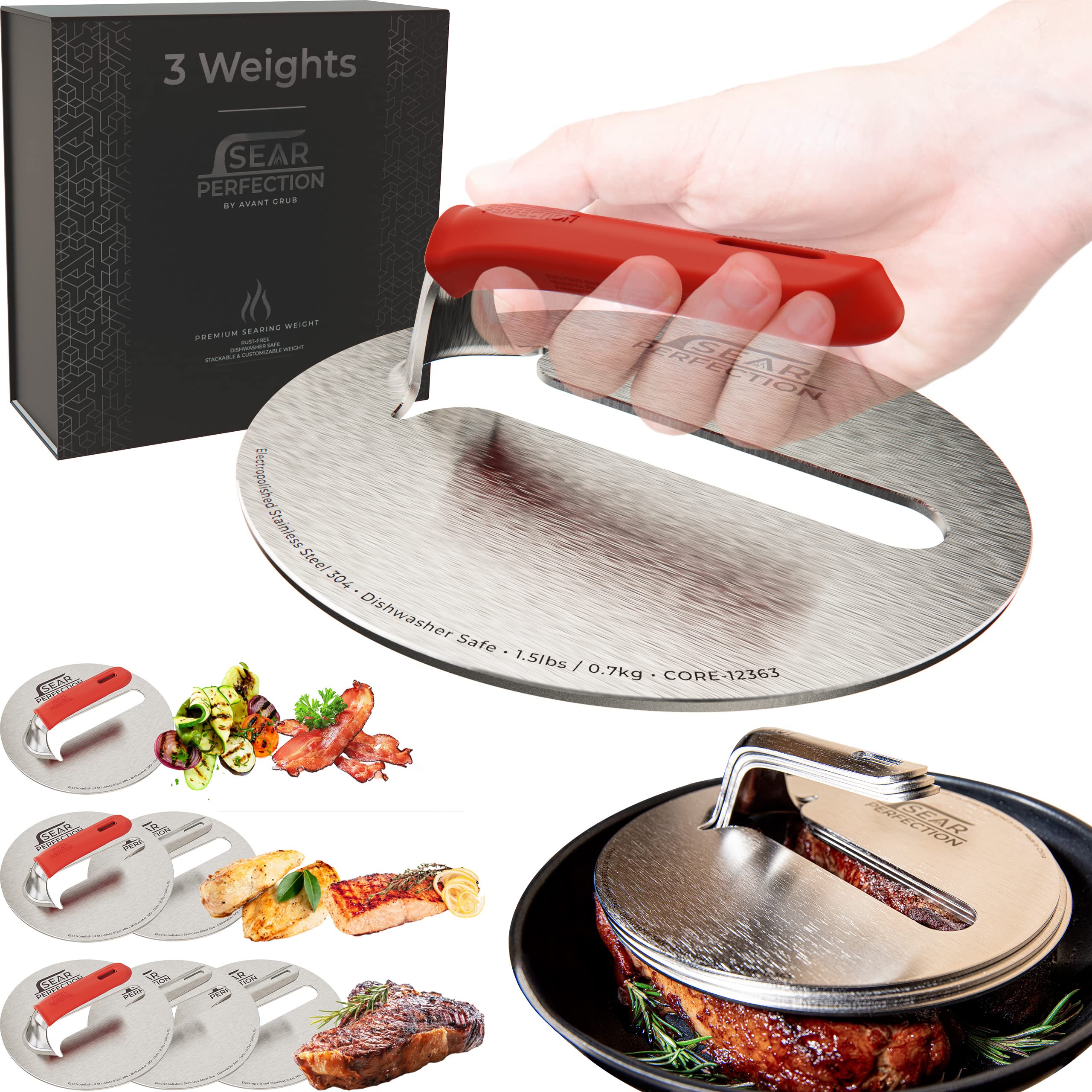 Avant Grub Sear Perfection stackable steak weight set in packaging