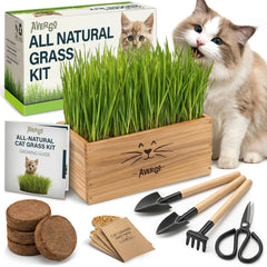 AVERGO Cat Grass Kit components including seed packets and planter