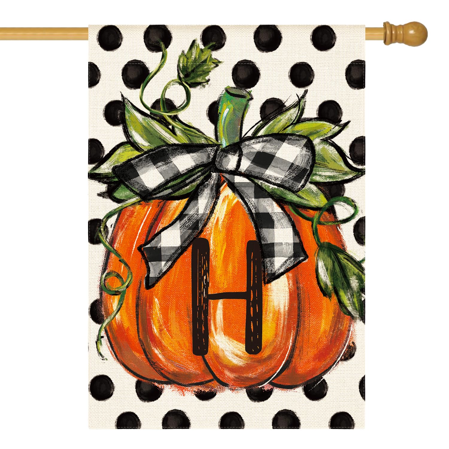 AVOIN colorlife Fall Monogram Letter H House Flag front view with pumpkin design