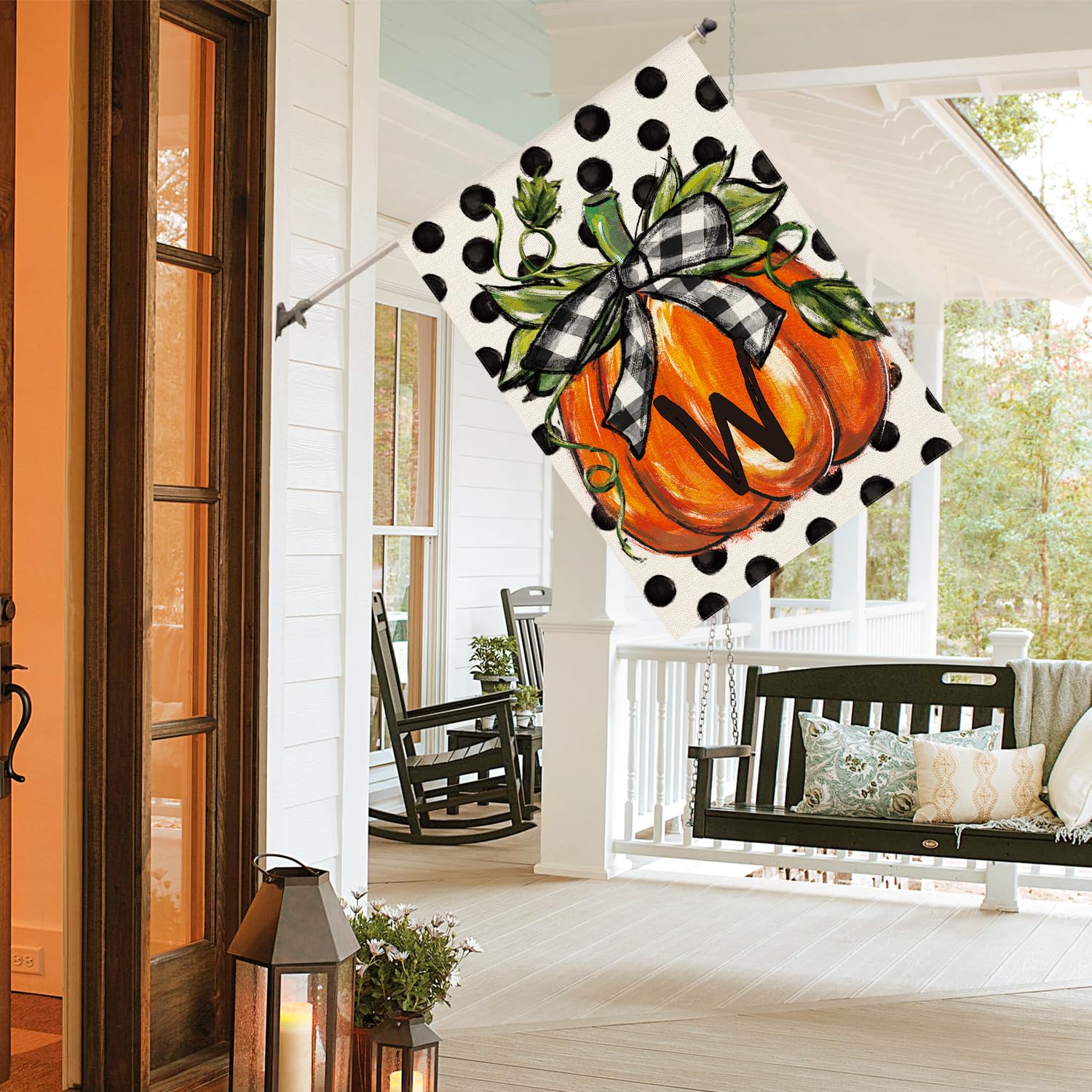 AVOIN colorlife Fall Monogram Letter W House Flag displayed on a porch