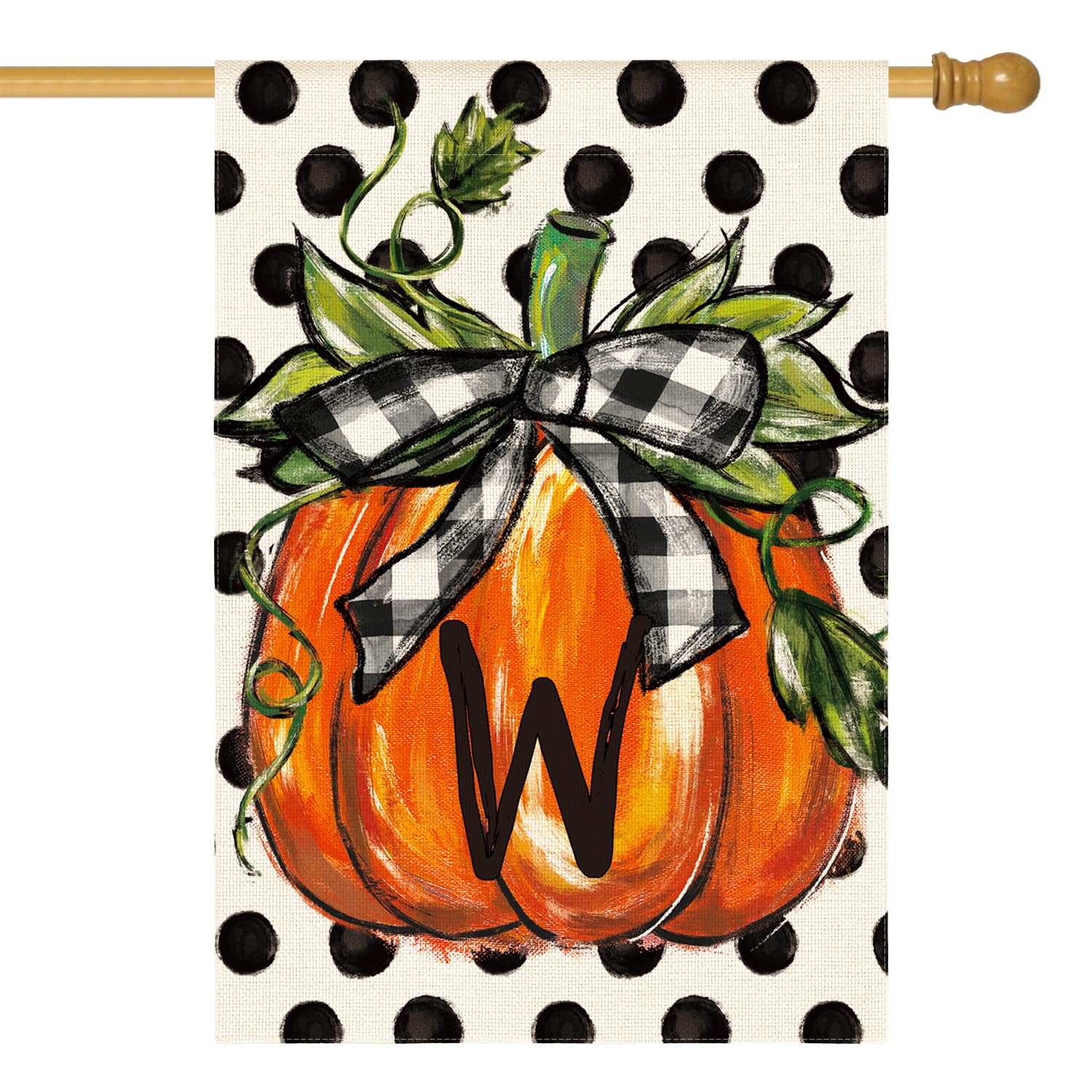 AVOIN colorlife Fall Monogram Letter W House Flag front view with vibrant pumpkin design