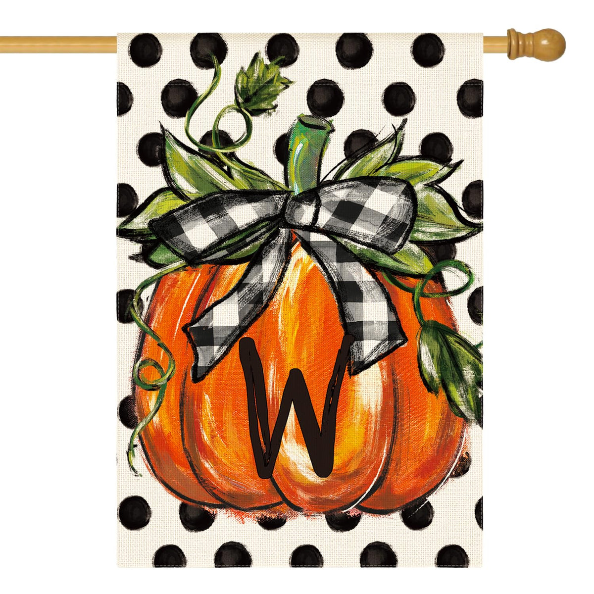 AVOIN colorlife Fall Monogram Letter W House Flag front view with vibrant pumpkin design