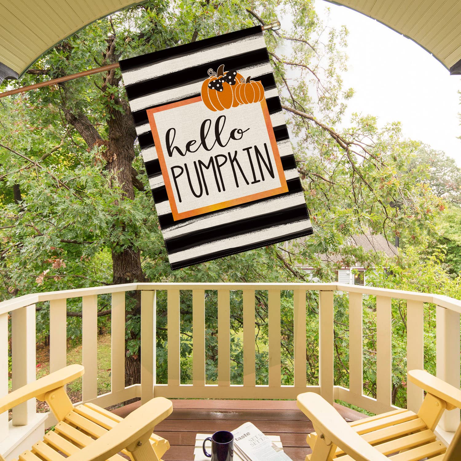 AVOIN colorlife Hello Pumpkin Fall House Flag close-up of double-sided design