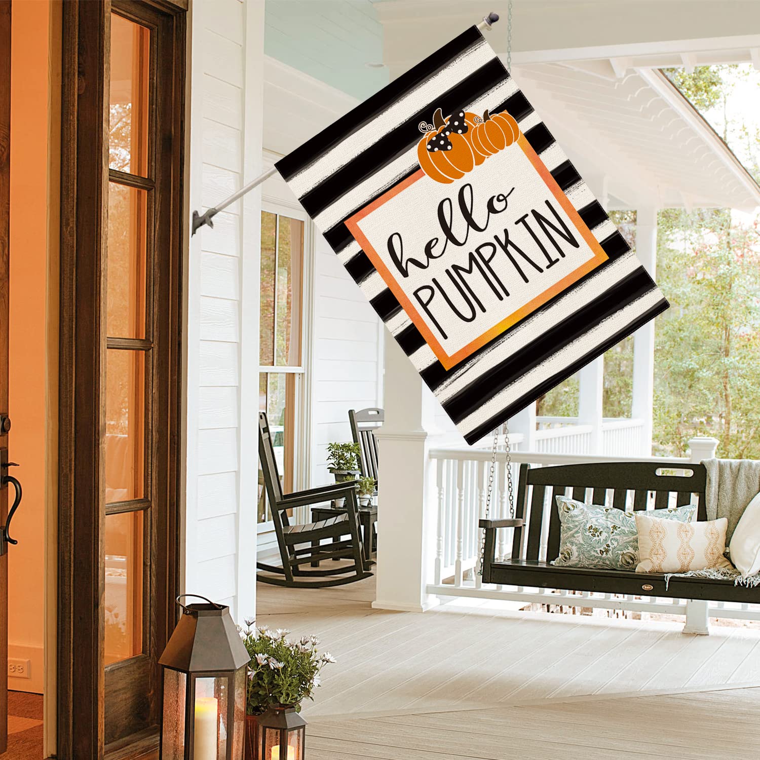 AVOIN colorlife Hello Pumpkin Fall House Flag hanging on a porch