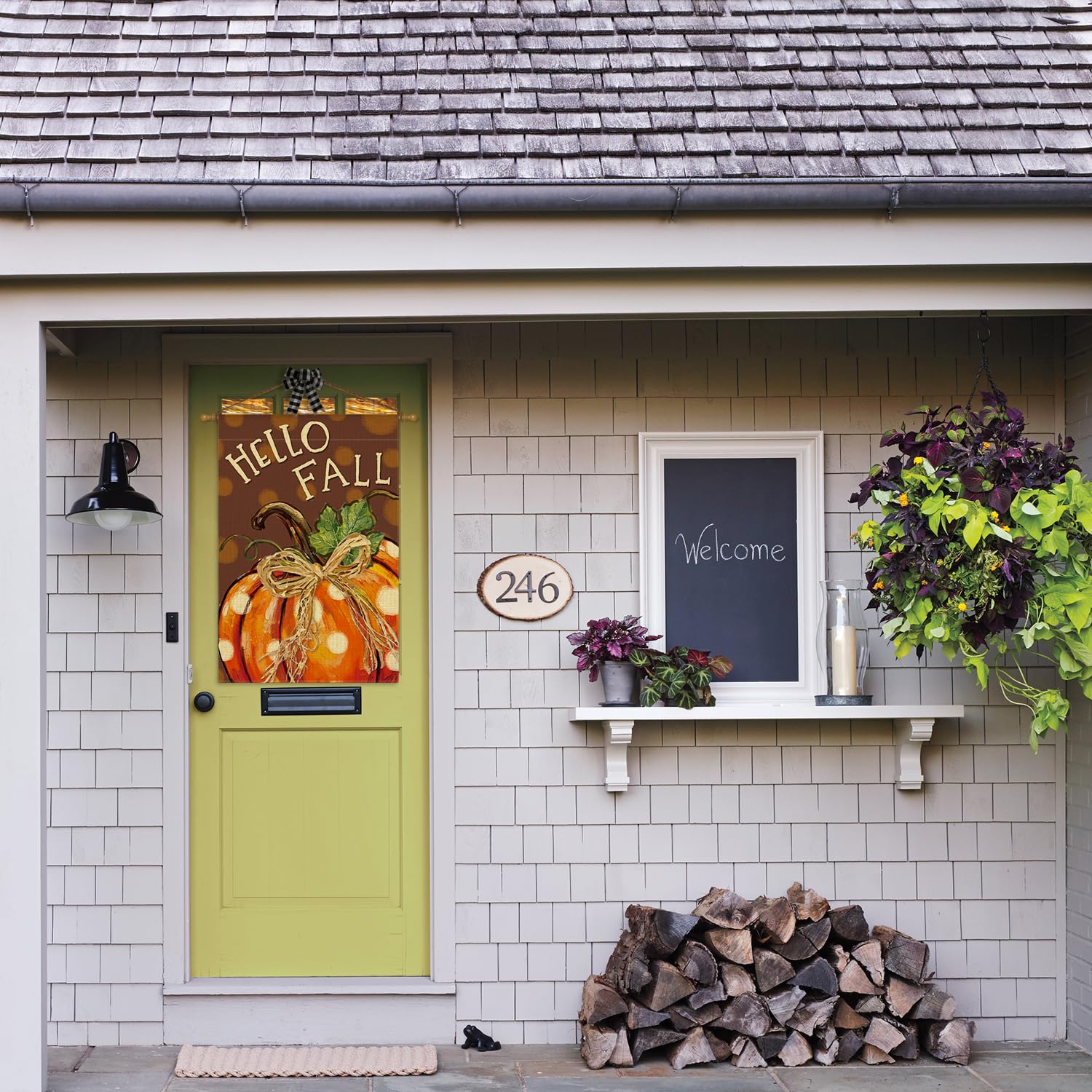 AVOIN colorlife Pumpkin Hello Fall House Flag displayed in garden