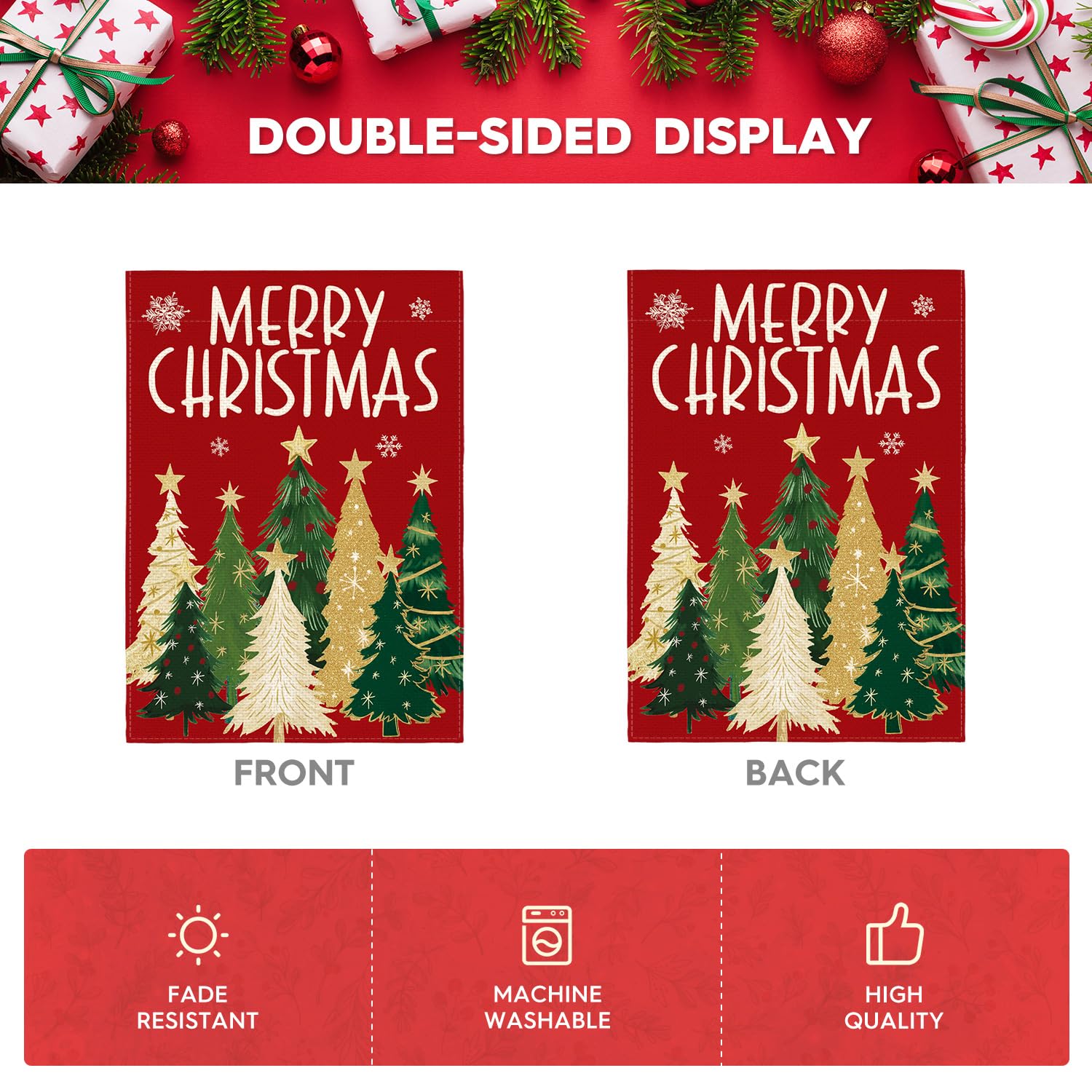 AVOIN colorlife Red Merry Christmas Flag double-sided view