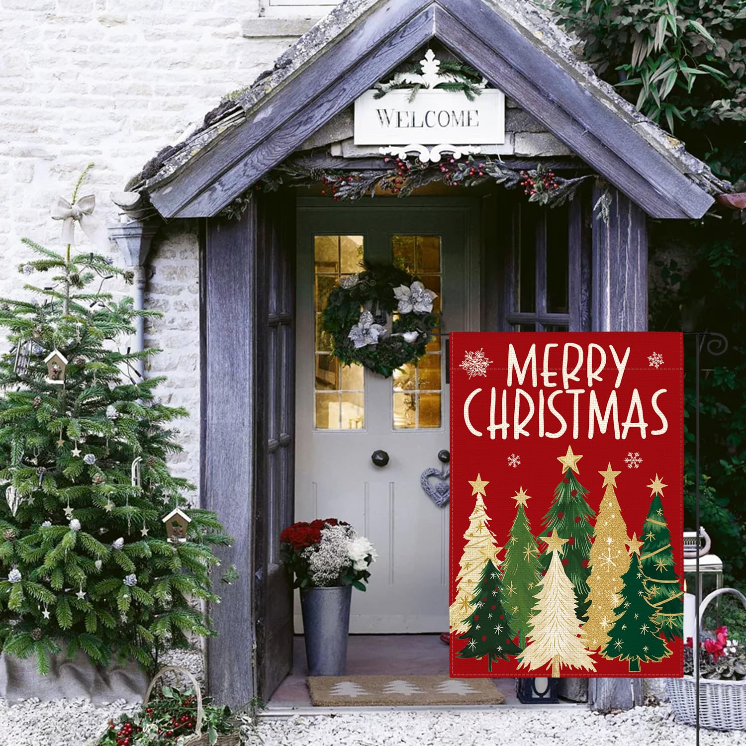 AVOIN colorlife Red Merry Christmas Garden Flag hanging on stand