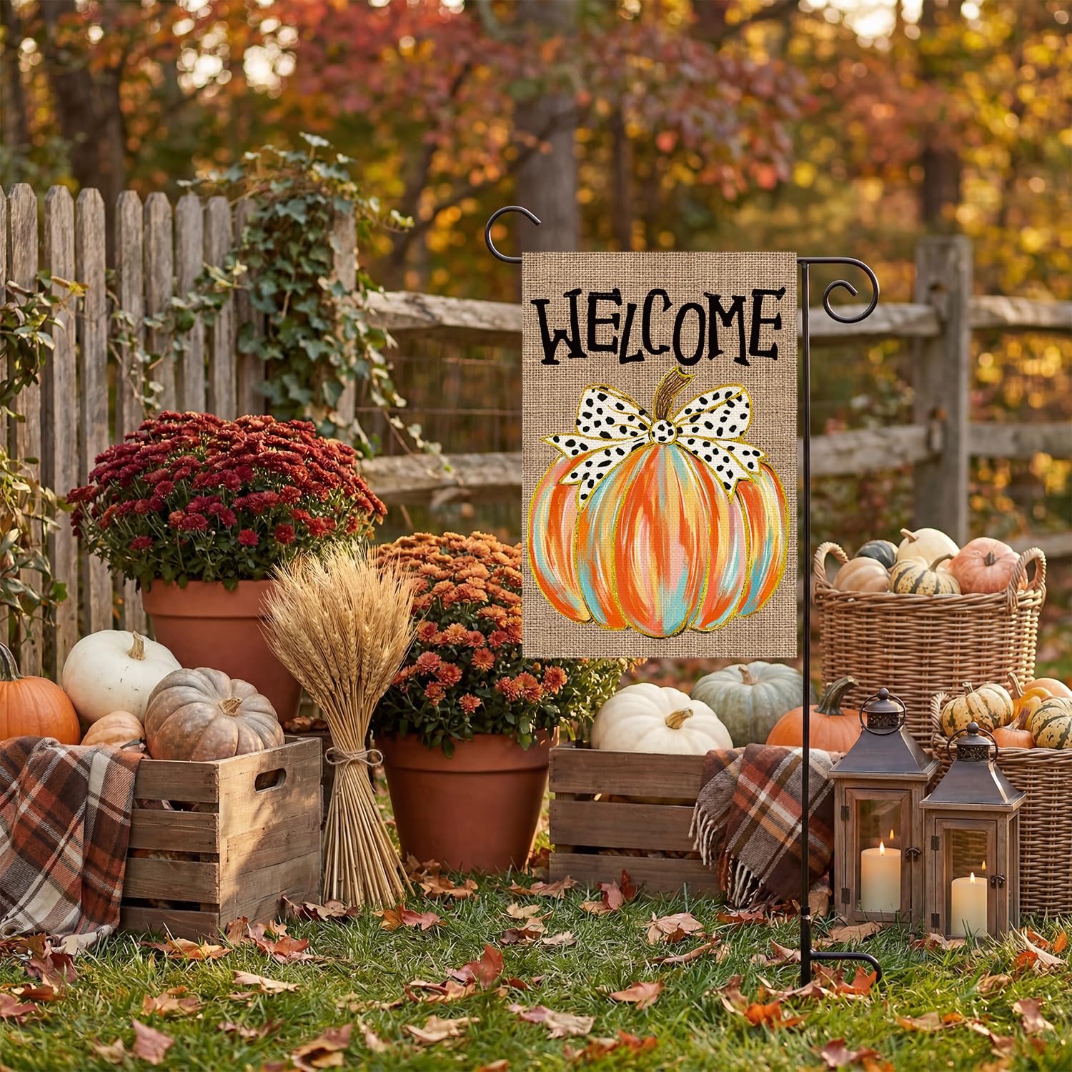 AVOIN colorlife Welcome Fall Garden Flag displayed in a garden