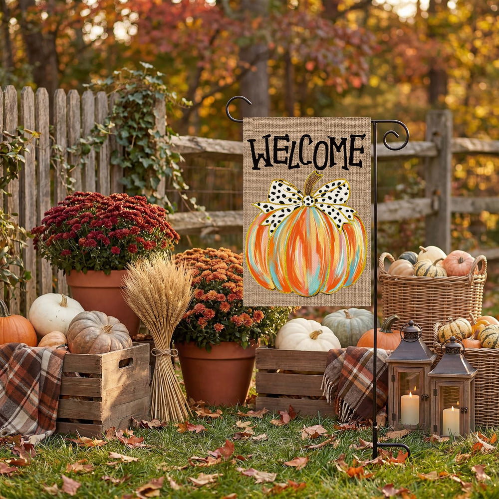 AVOIN colorlife Welcome Fall Garden Flag displayed in a garden