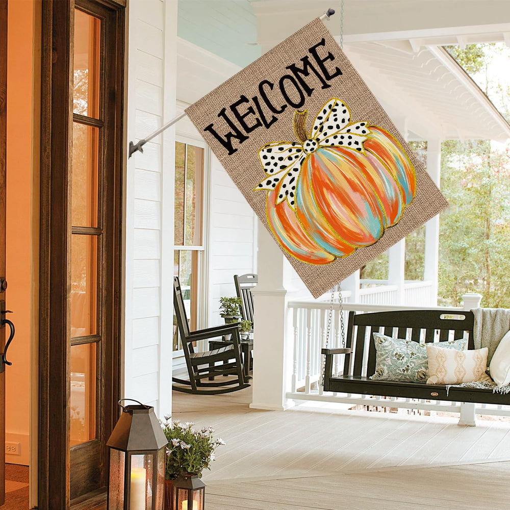 AVOIN colorlife Welcome Fall House Flag displayed on a garden flag stand
