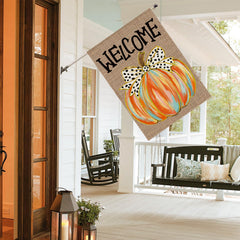 AVOIN colorlife Welcome Fall House Flag displayed on a garden flag stand