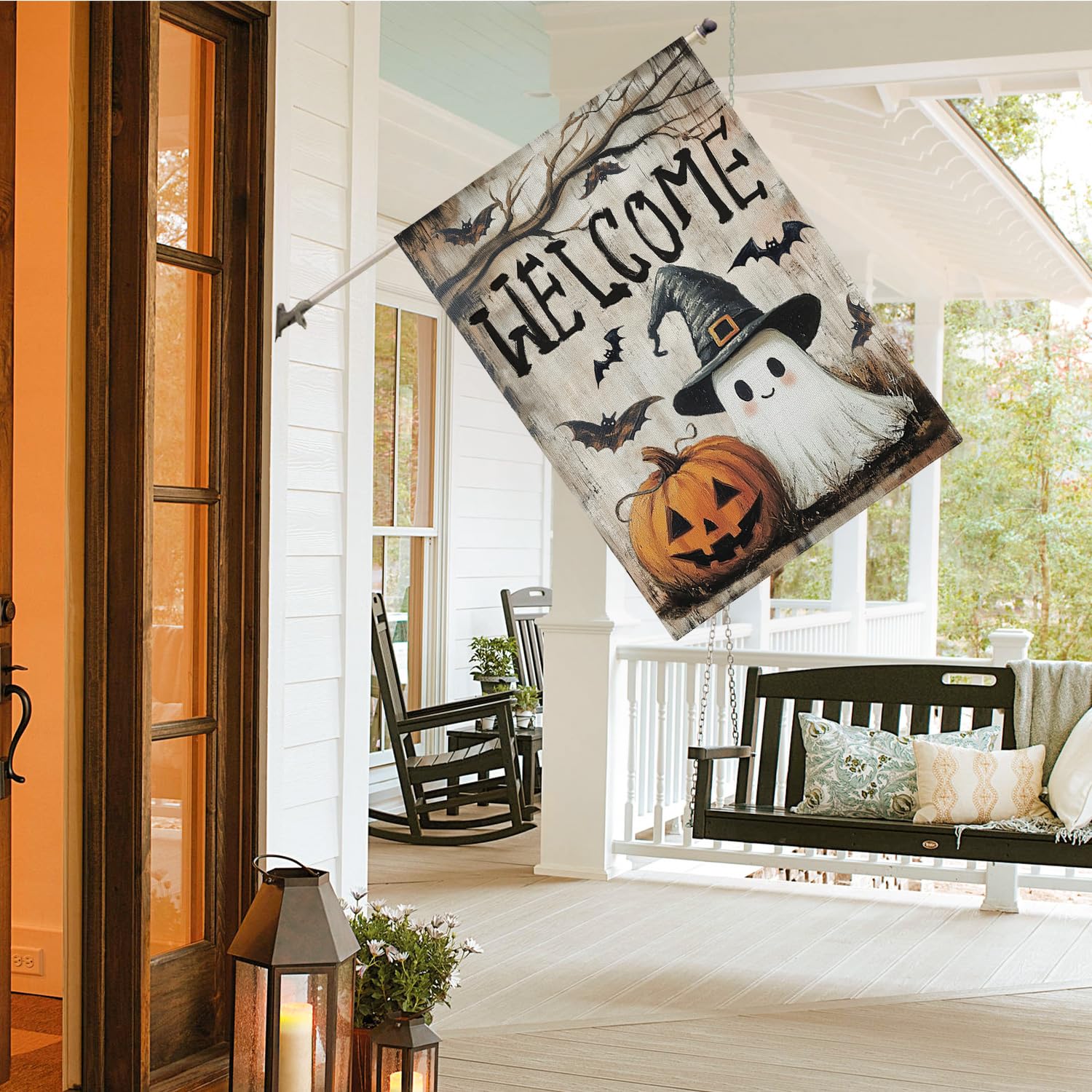 AVOIN colorlife Welcome Halloween flag close-up of sleeve and tab