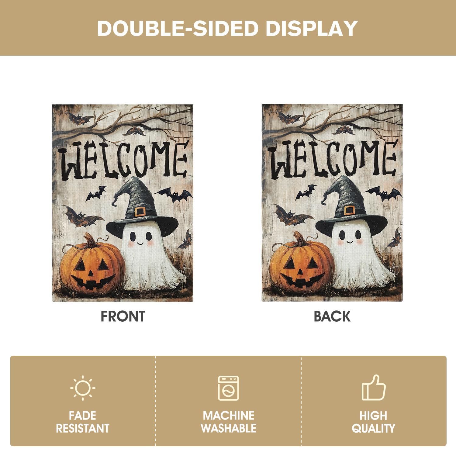 AVOIN colorlife Welcome Halloween flag displayed on a porch