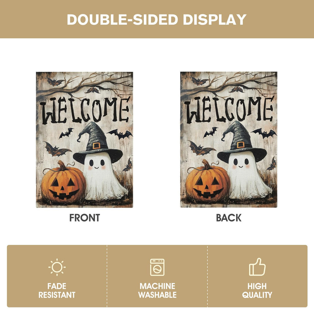 AVOIN colorlife Welcome Halloween flag displayed on a porch