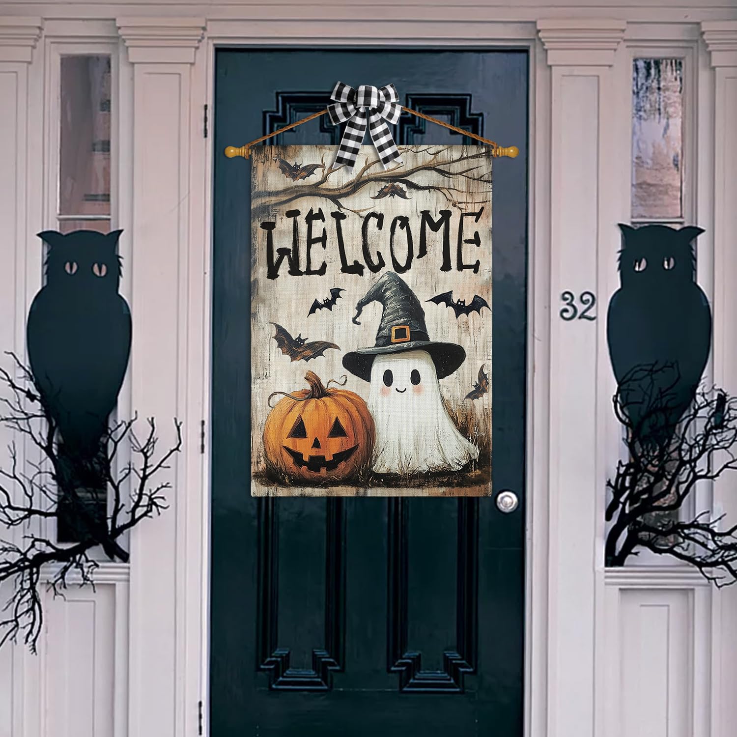 AVOIN colorlife Welcome Halloween flag hanging on a standard flagpole