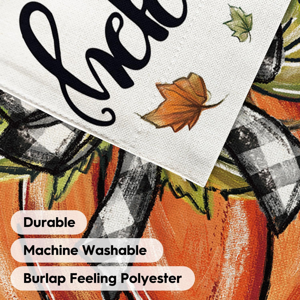 AVOIN Happy Fall House Flag hanging on a decorative flag stand