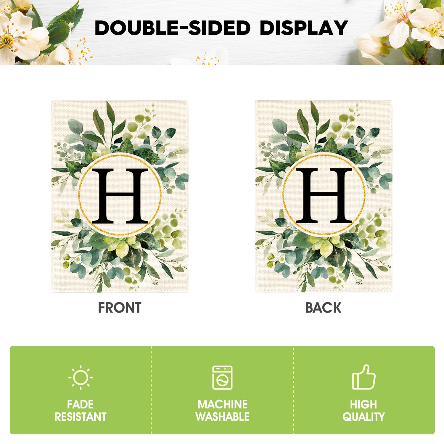 AVOIN Monogram H Floral Garden Flag on a patio