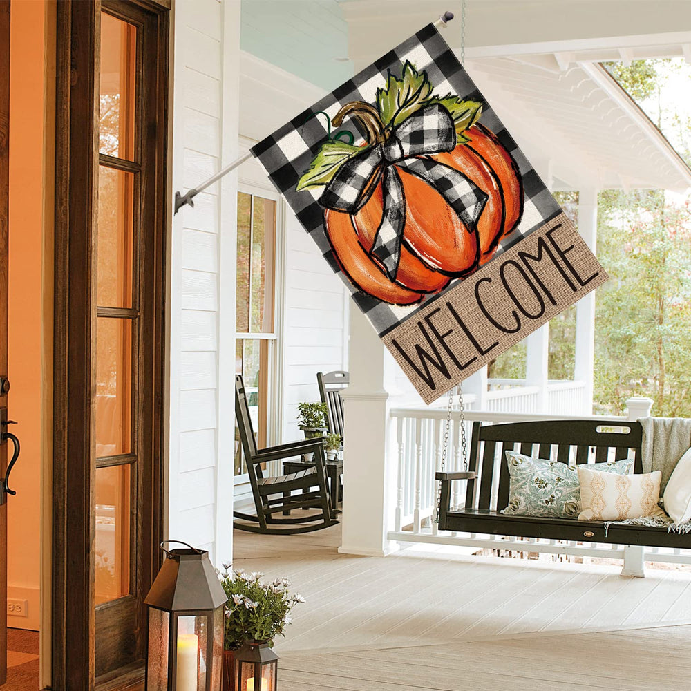 AVOIN Pumpkin Welcome Flag displayed on porch