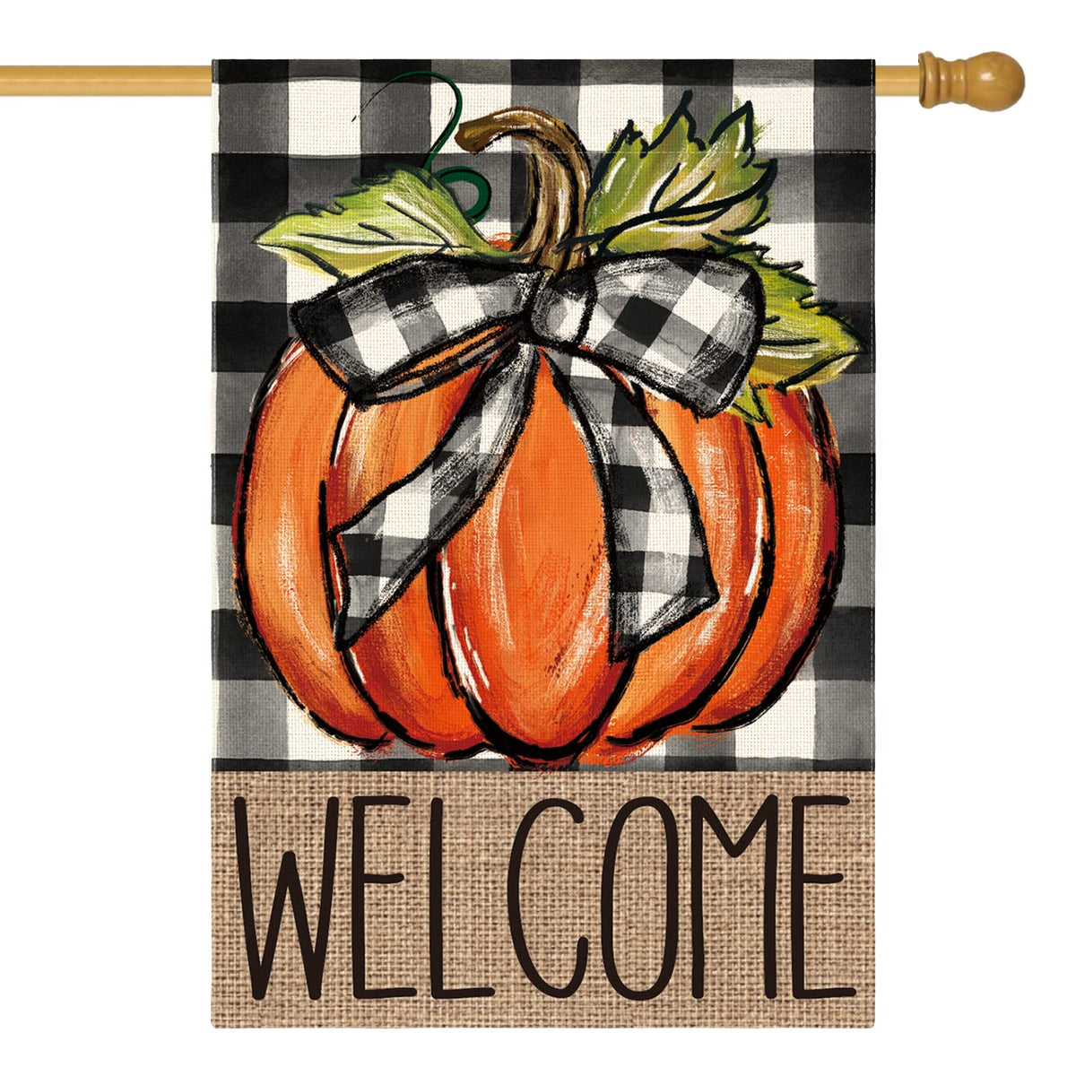 AVOIN Pumpkin Welcome House Flag front view, orange design