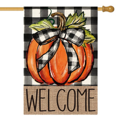 AVOIN Pumpkin Welcome House Flag front view, orange design