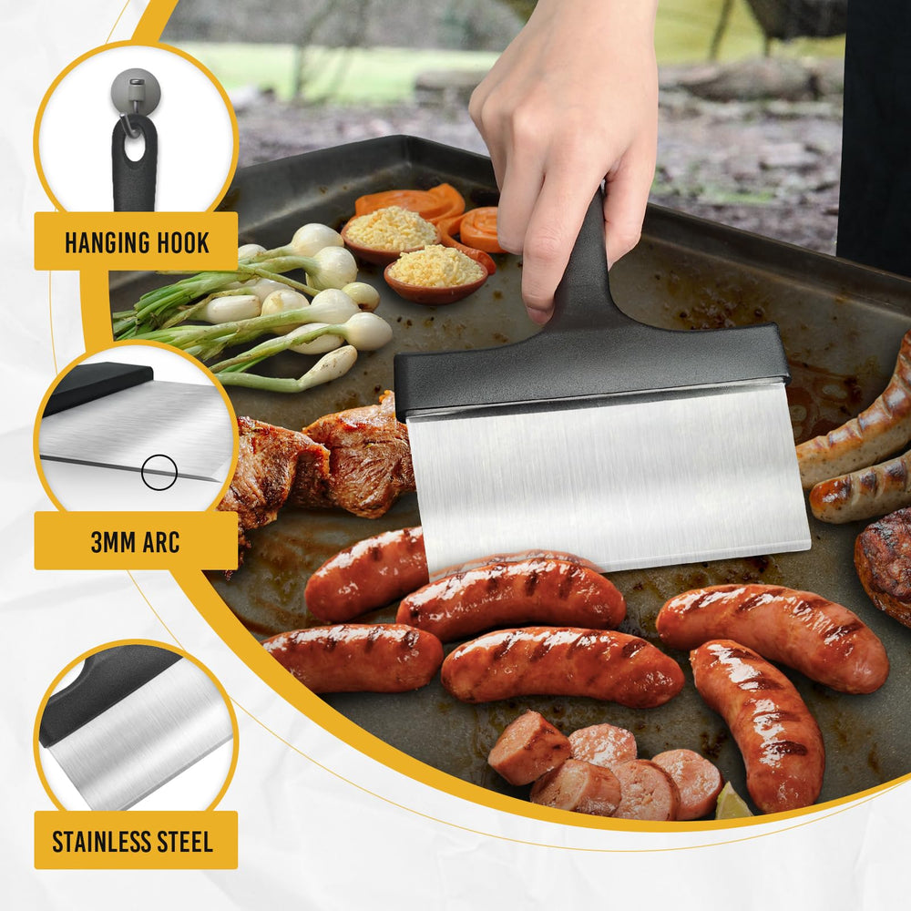 AWEASROY scraper being used on a flat top grill