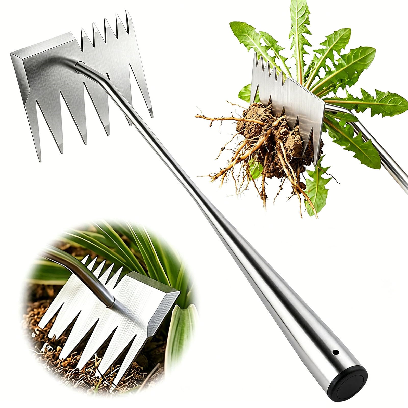awrose Weed Puller Tool front view showing 6-tooth dual-head design