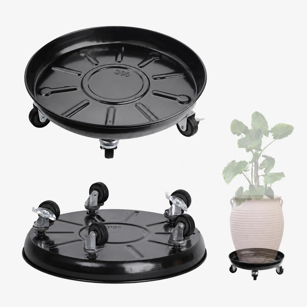 AyaLight 3 Pack Metal Plant Caddy with Wheels, black, front view