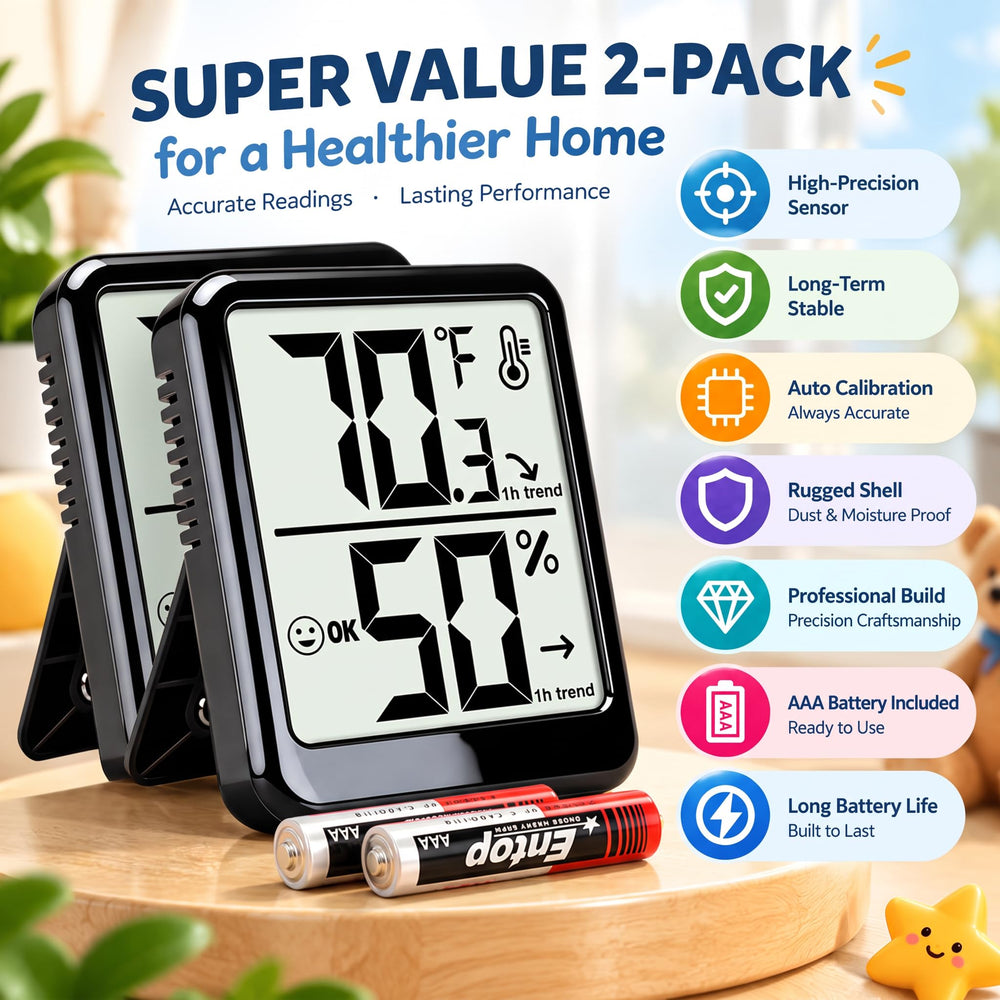 Ayawiss indoor thermometer hygrometer packaging with included batteries