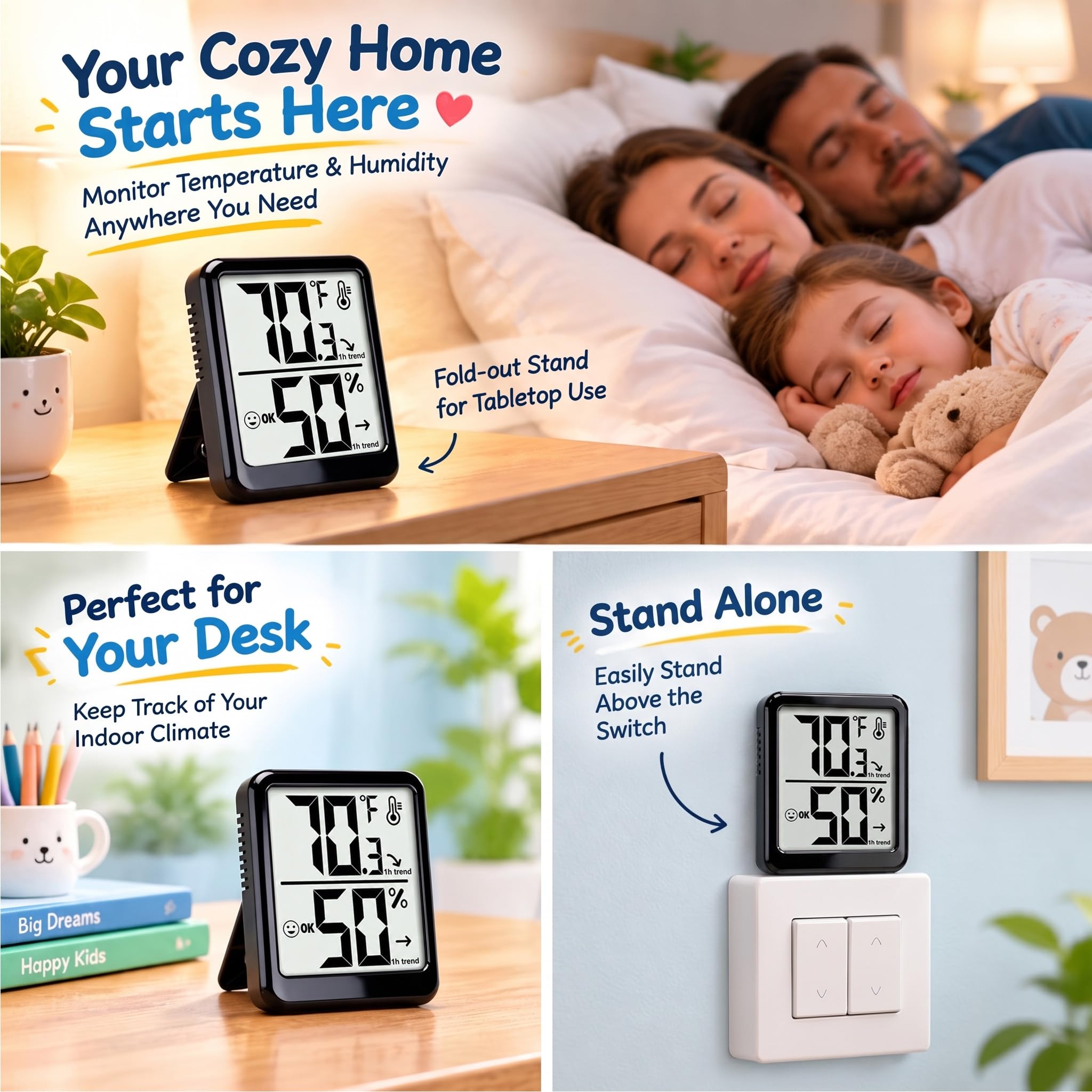 Ayawiss indoor thermometer hygrometer with large digits and icons