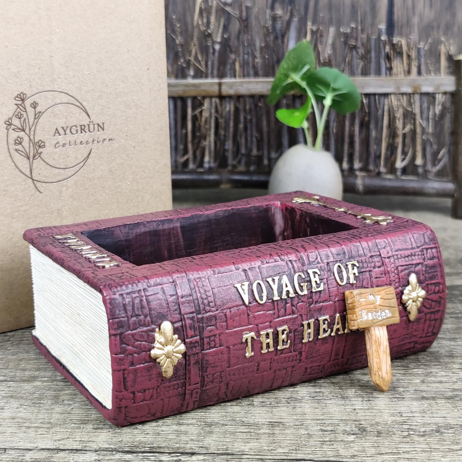 Aygrün Vintage Book Shaped Pot on a wooden shelf