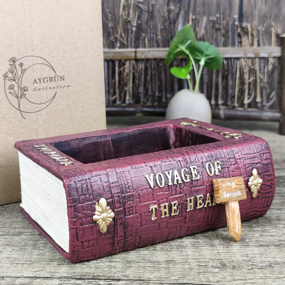 Aygrün Vintage Book Shaped Pot on a wooden shelf