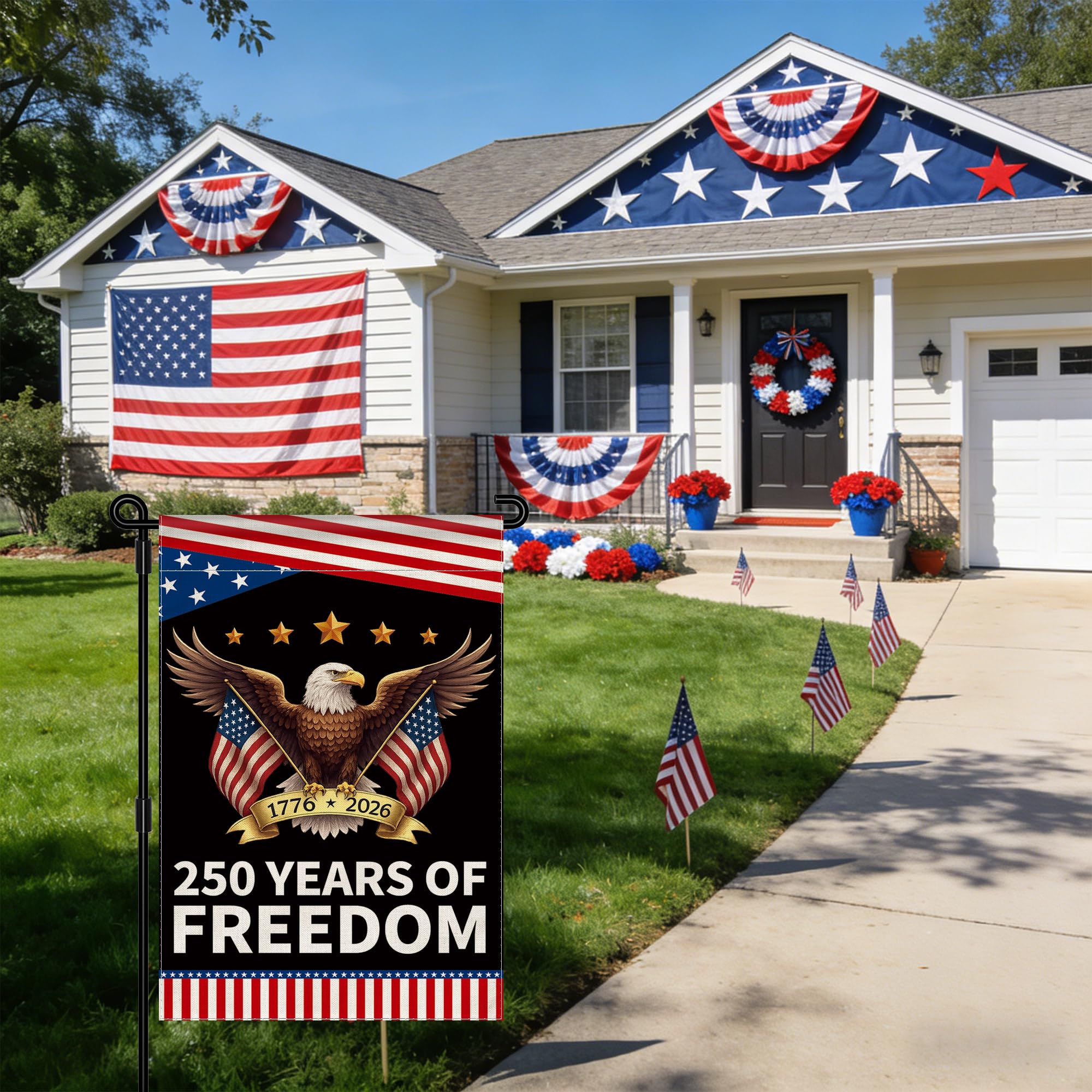 Aymolas 250th Anniversary USA Flag on a balcony