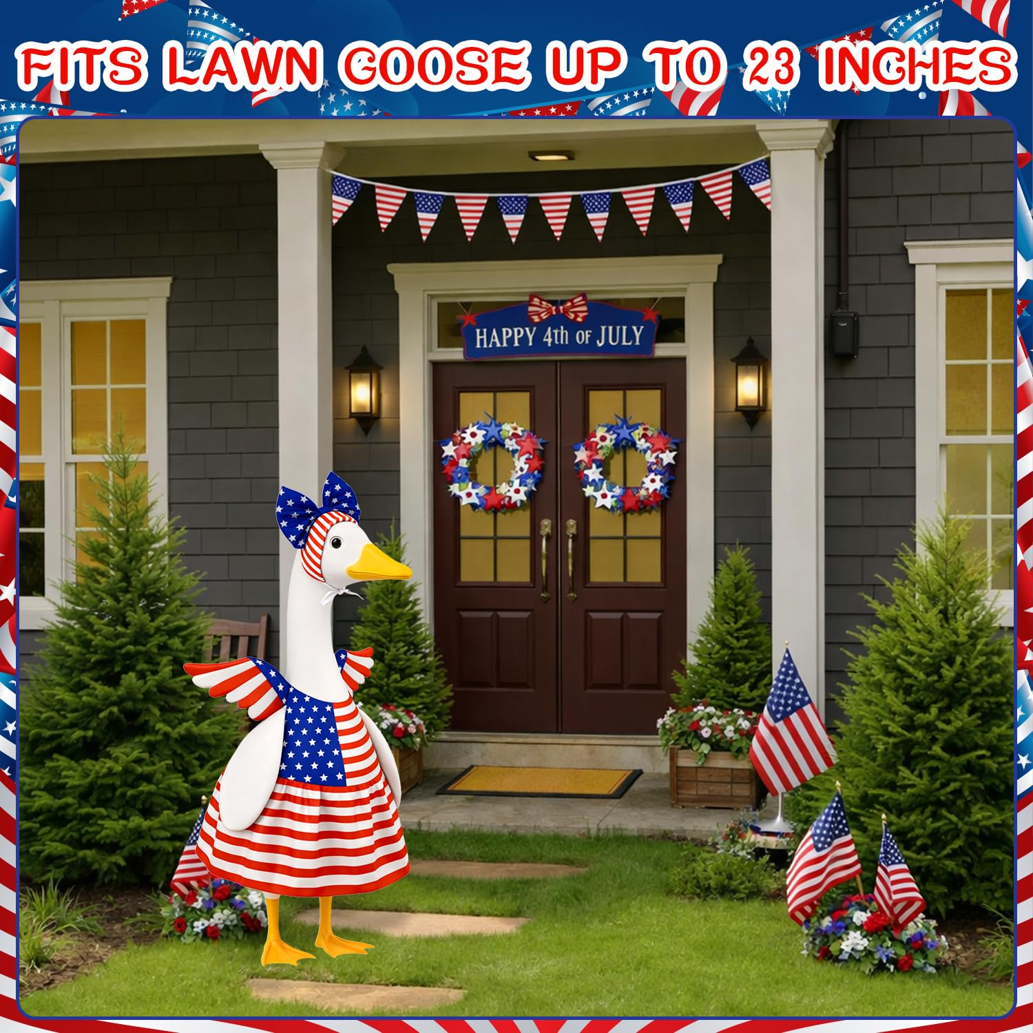 Aymolas goose outfit in blue, red and white fabric displayed outdoors