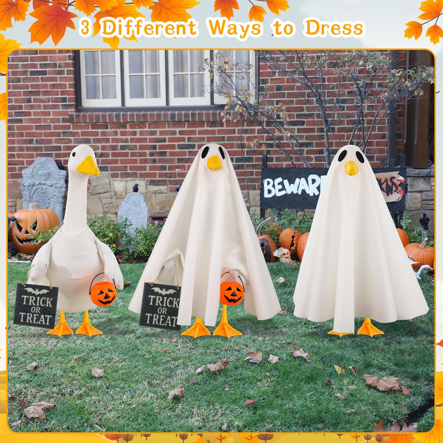 Aymolas Halloween Goose Costume displayed on a porch with Halloween decorations