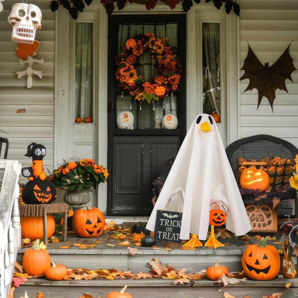 Aymolas Halloween Goose Costume featuring the ghostly cloak and pumpkin details
