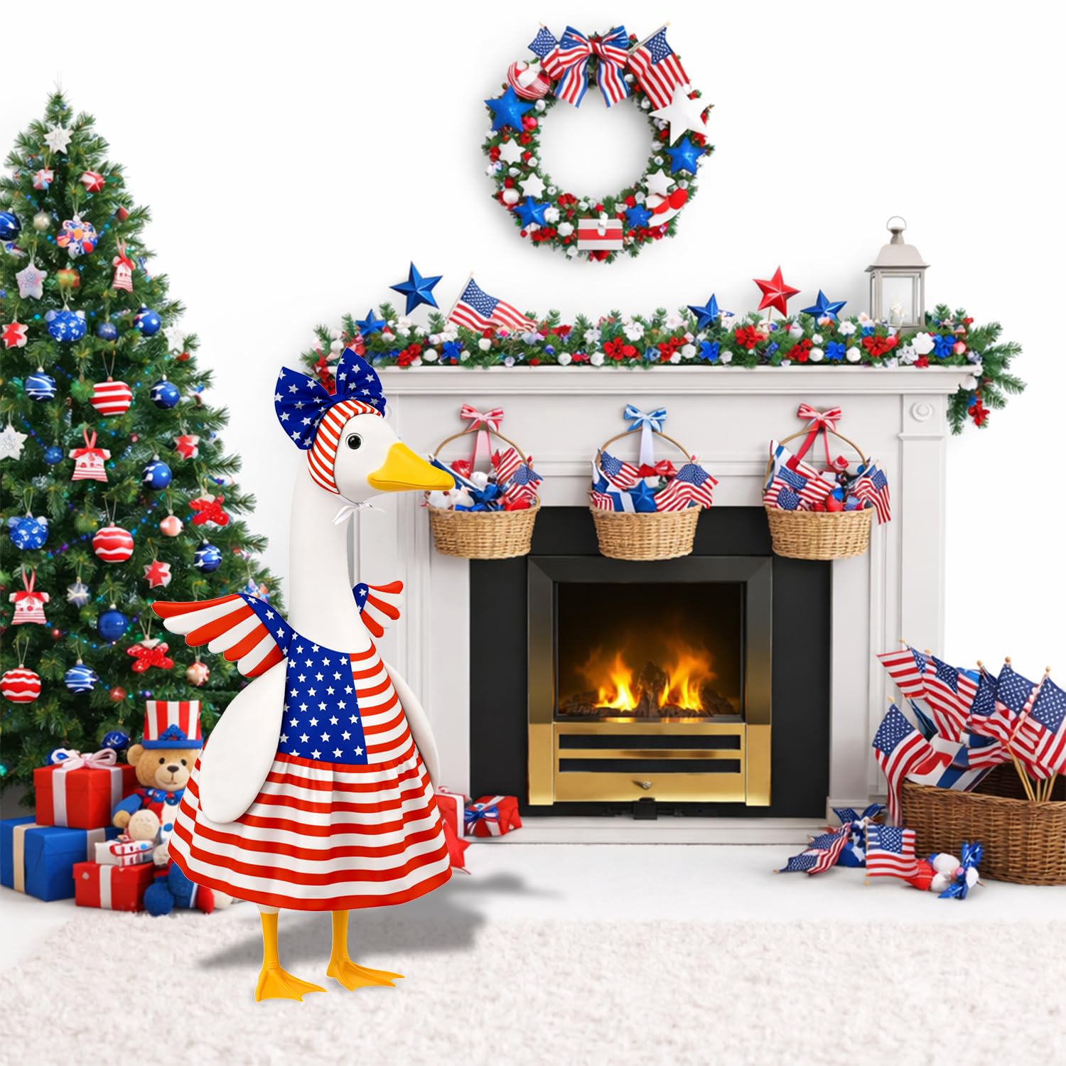 Aymolas outdoor goose decor with festive 4th of July outfit in garden