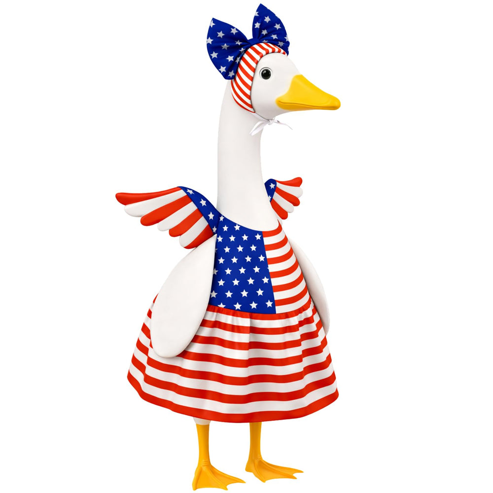 Aymolas patriotic goose outfit showcased on a garden decoration