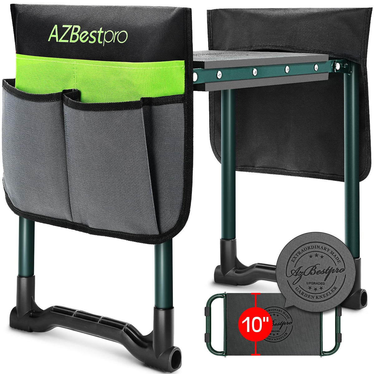 AZBESTPRO Garden Kneeler and Seat front view with green EVA seat