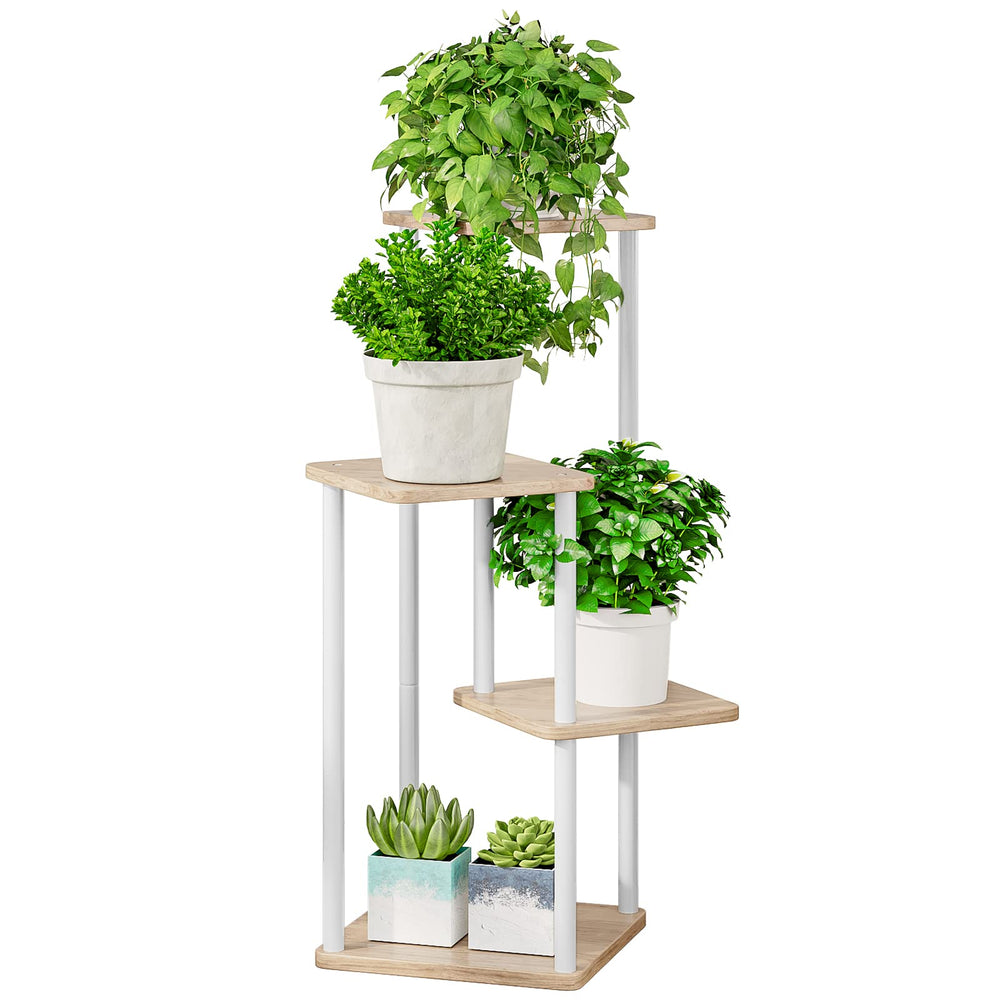 AZERPIAN 4 Tier Tall Plant Stand front view in White and Sonoma Oak