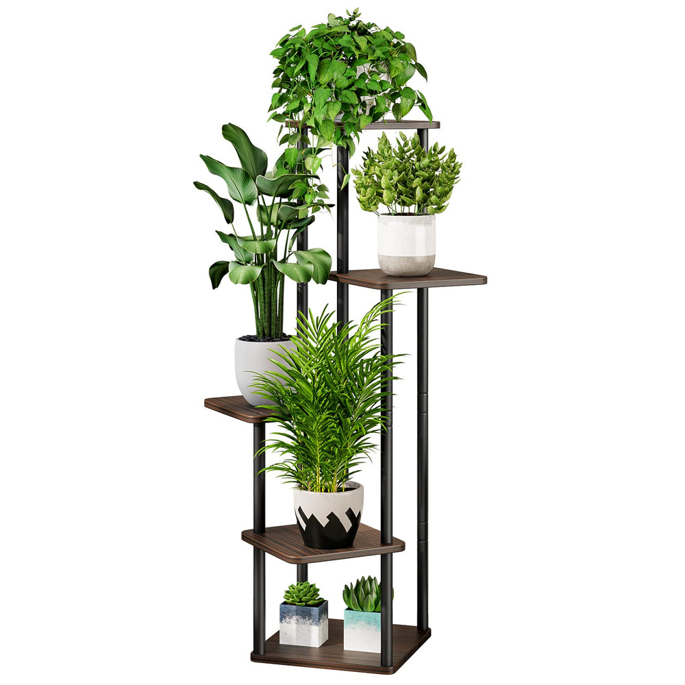 AZERPIAN 5 Tier Tall Plant Stand front view, Black and Black Oak