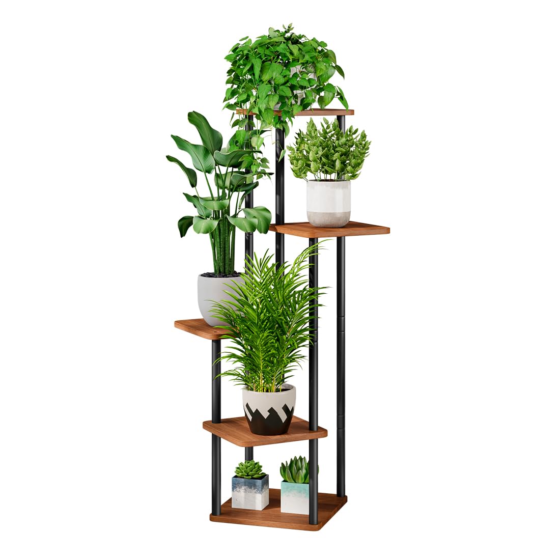 AZERPIAN 5 Tier Tall Plant Stand front view in walnut finish
